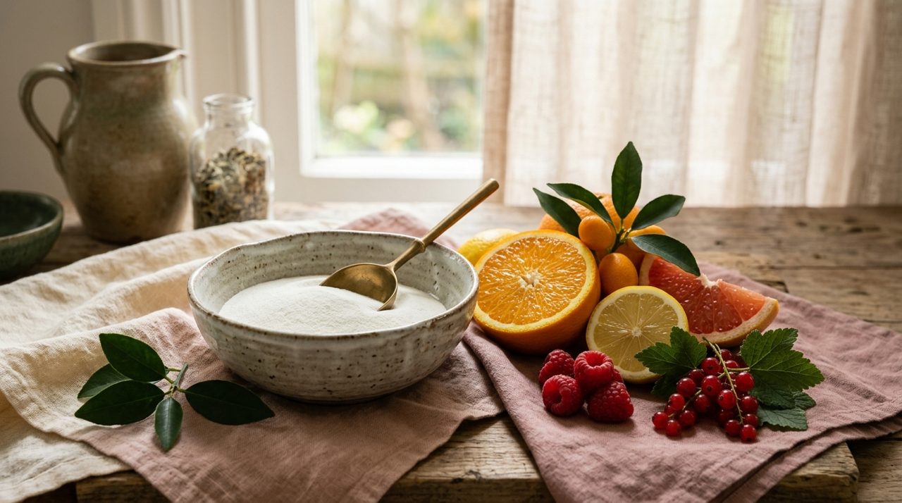 Skål med kollagenpulver, messing ske, citrusfrugter og bær i morgenlys