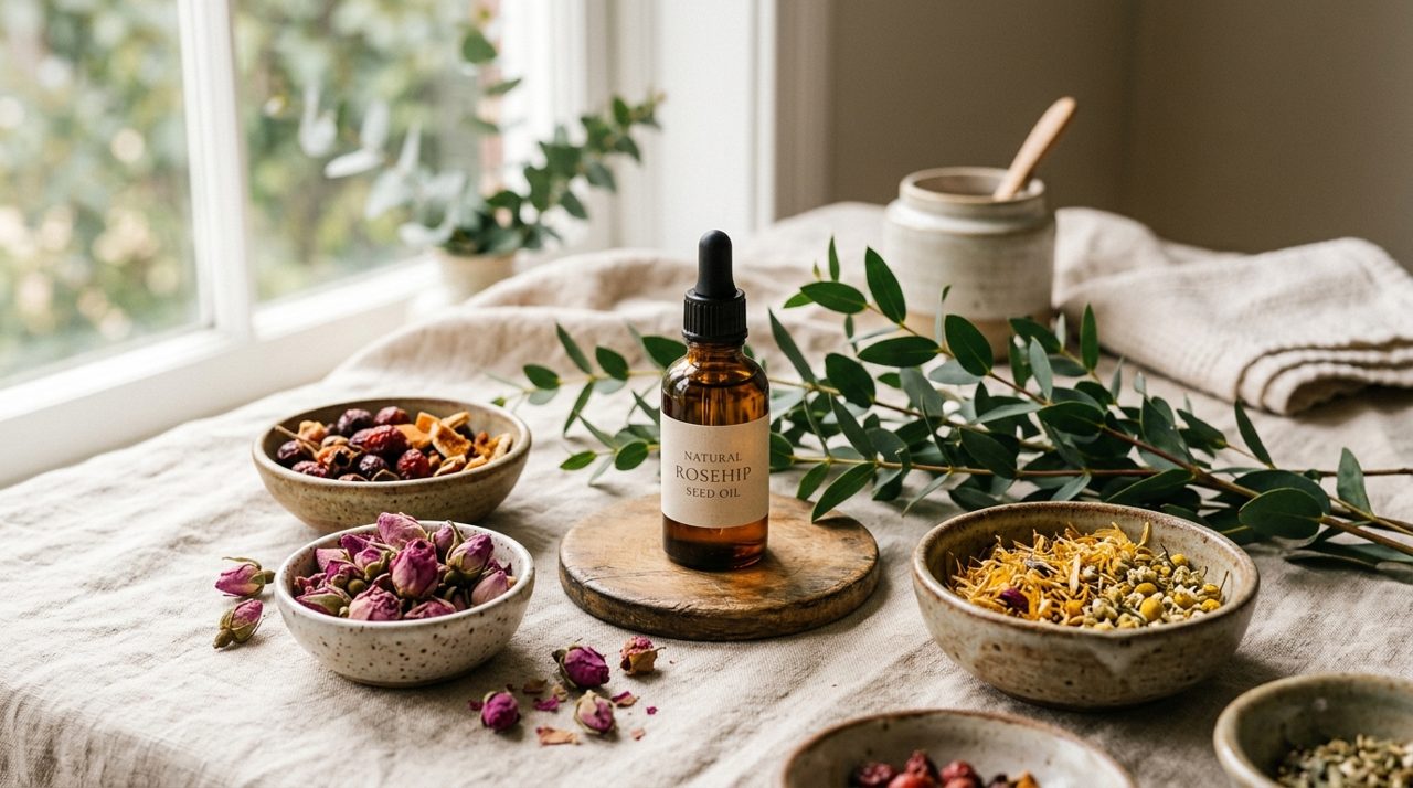 Naturlige hudplejeingredienser - urter, hybenolie og eucalyptus på hørklæde