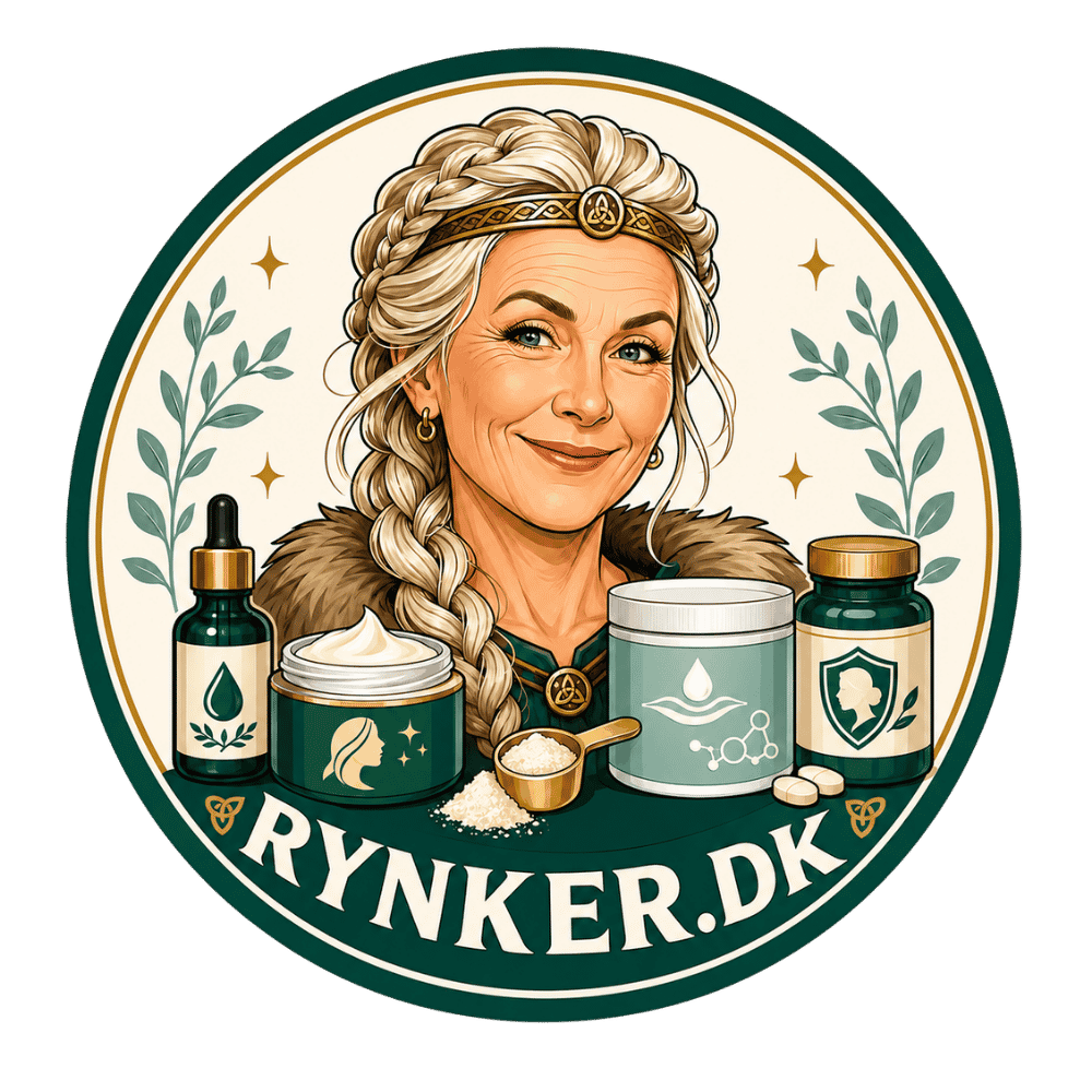 RYNKER.DK logo med en moden vikingekvinde og hudplejeprodukter